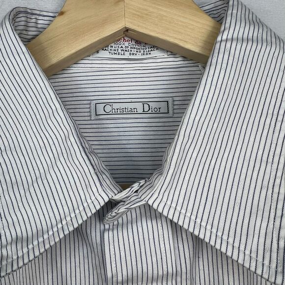 Vintage Dior Mens Cotton Blue Striped, White Button-Down Shirt Size 16.5-35 - Picture 6 of 8